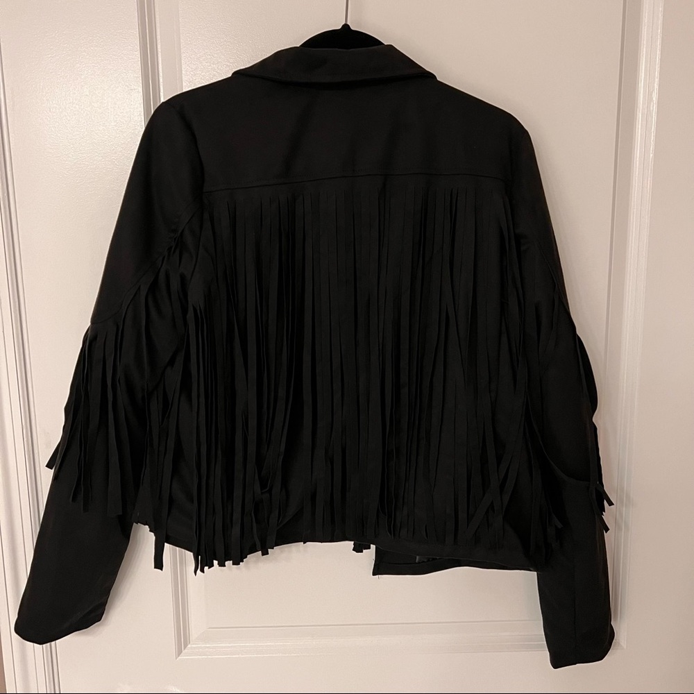 Cropped Fringe Faux Suede Jacket (black)